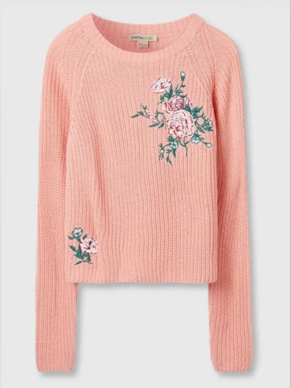 O'STIN Studio 100% Acrylic Pink Floral Embroidered Knit Cropped Sweater Medium